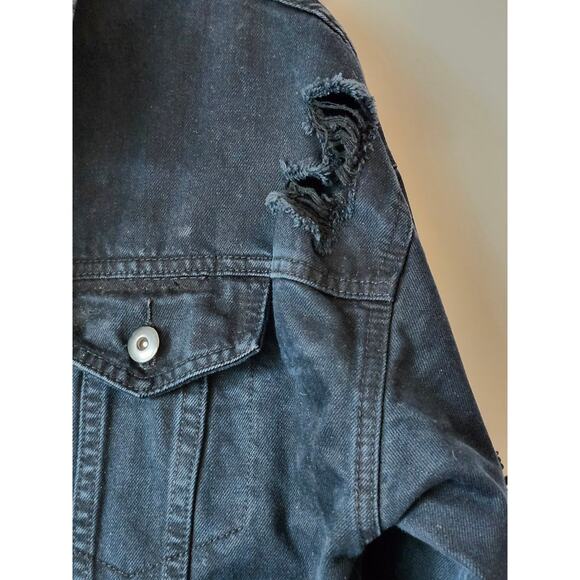 Forever 21 Distressed Black Denim Oversized Men Jacket Hip Hop Y2K Small A0040 - Picture 5 of 6